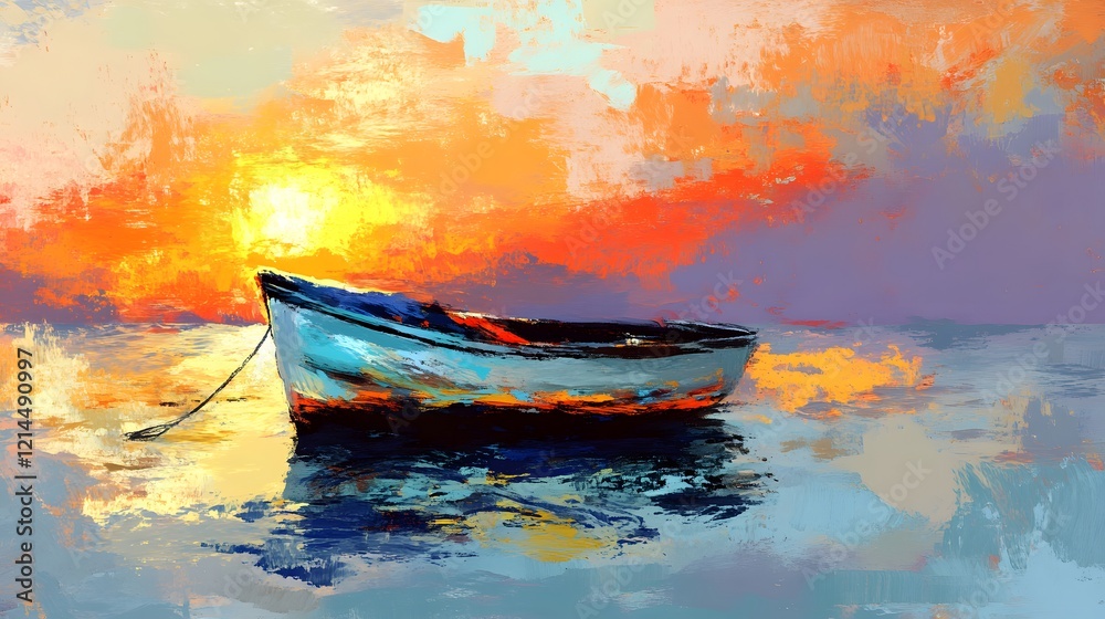 Fototapeta premium Sunset Boat Painting Seascape Artwork Calm Ocean Colorful Sky
