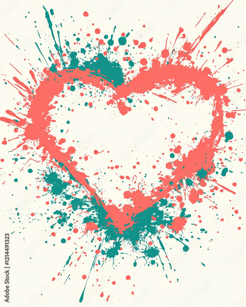 Heart shaped ink splatter in coral and teal on light background Heart shaped ink splatter in coral and teal on light background