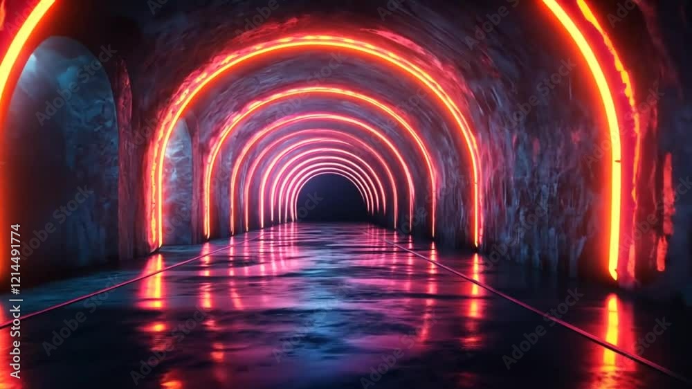 A vibrant neon-lit tunnel with colorful reflections on the wet floor.