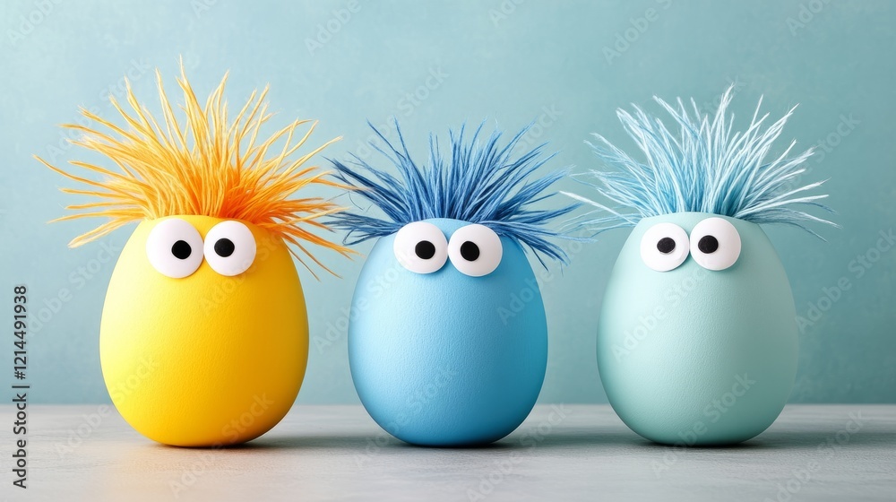 Fototapeta premium Playful egg characters with expressive eyes, surrounded by colorful decorations on a sandy beach-style setting, creative concept