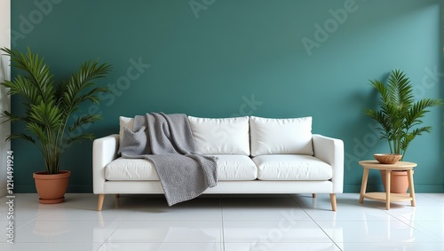 A pristine white leather couch anchors an eye-catching teal room, adorned with a soft gray knit throw on one armrest. It's elegantly fluffed with six plush white pillows, inviting comfort and style photo