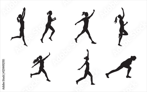 Human figures in action running, jumping, yoga, dancing silhouette vector art illustration on white background