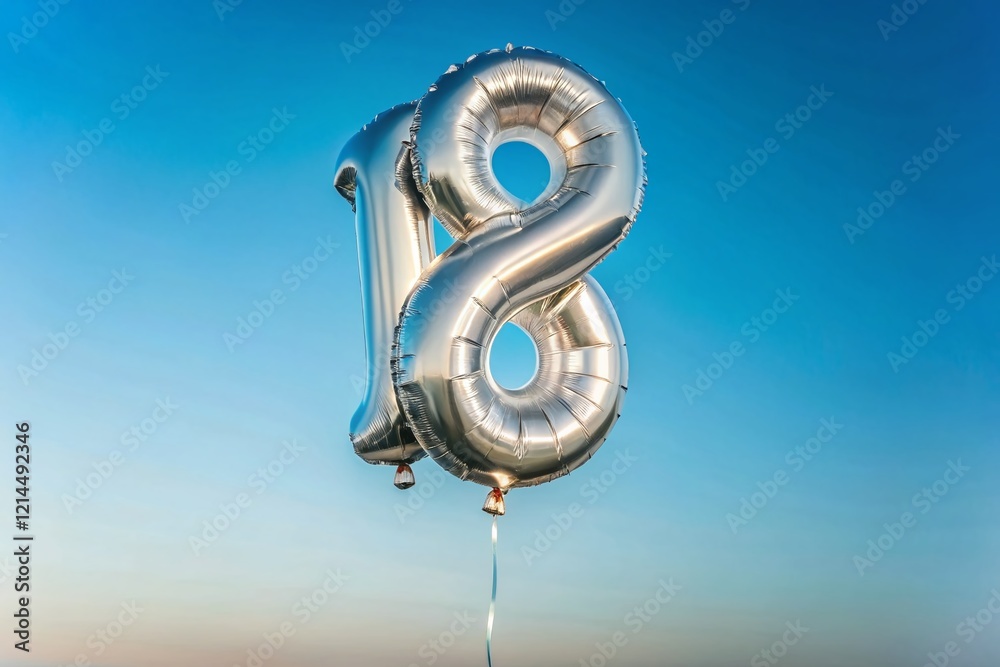Minimalist Silver Balloon Number 18 Floating in Sky - Birthday Celebration Stock Photo Minimalist Silver Balloon Number 18 Floating in Sky - Birthday Celebration Stock Photo
