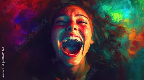 A woman's face with open mouth and red lipstick, surrounded by a colorful abstract background.
