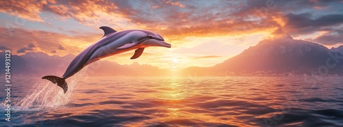 A Dolphin leaps from the ocean at sunset with a beautiful mountain range on the horizon