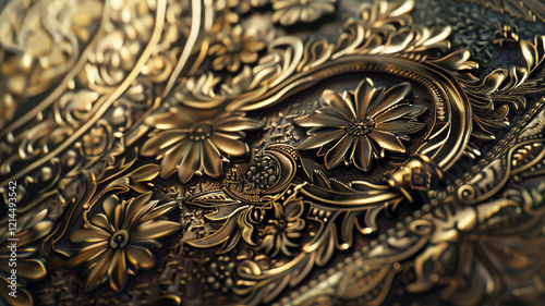 Close-Up of Intricate Metal Engravings: Detailed view of metal engravings on an antique object, with intricate patterns and symbols reflecting the artistry of traditional metalwork.