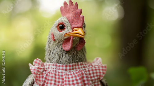 Cute stuffed hen in a gingham dress