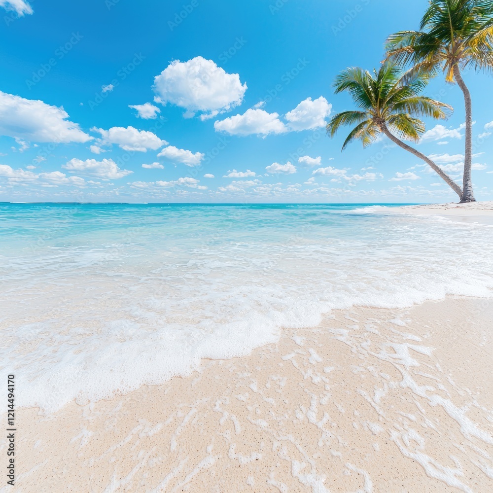 Tropical beach paradise palm trees, waves, and clear sky. Vacation postcard Tropical beach paradise palm trees, waves, and clear sky. Vacation postcard