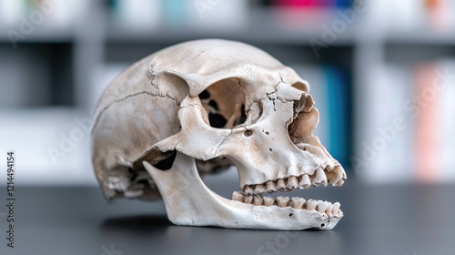 Human skull on desk, bookshelves background, anatomy study photo