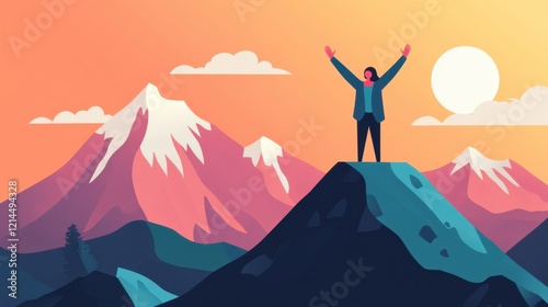 A business professional raises their hands in triumph at the top of a mountain, symbolizing achievement and ambition.