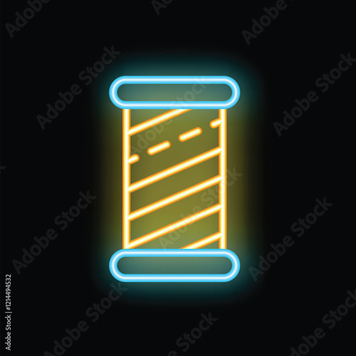 Neon sign representing a thread spool glowing on a black background, perfect for a tailor shop