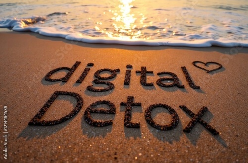 Writing a heartfelt message on the sand about the importance of a digital detox during sunset by the ocean