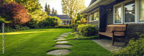 This charming residence features a flat front yard adorned with vibrant plants, stone pathways, and a wooden bench that invites relaxation under the warm glow of evening light.