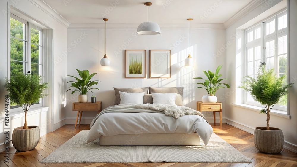 Fototapeta premium Minimalist White Bedroom: Soft Pillows & Cozy Bedspread