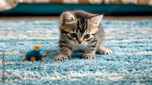 Cute tabby kitten playing with a toy mouse on a rug on blue background