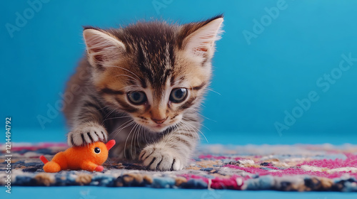 Cute tabby kitten playing with a toy mouse on a rug on blue background