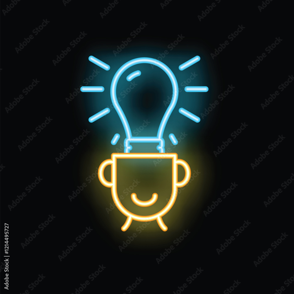 Neon sign representing the concept of having an idea, with a light bulb shining over a head Neon sign representing the concept of having an idea, with a light bulb shining over a head