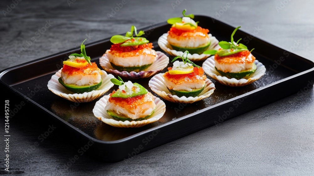 Elegant Scallop Appetizers with Roe and Microgreens on Shells - Gourmet Seafood Presentation Elegant Scallop Appetizers with Roe and Microgreens on Shells - Gourmet Seafood Presentation
