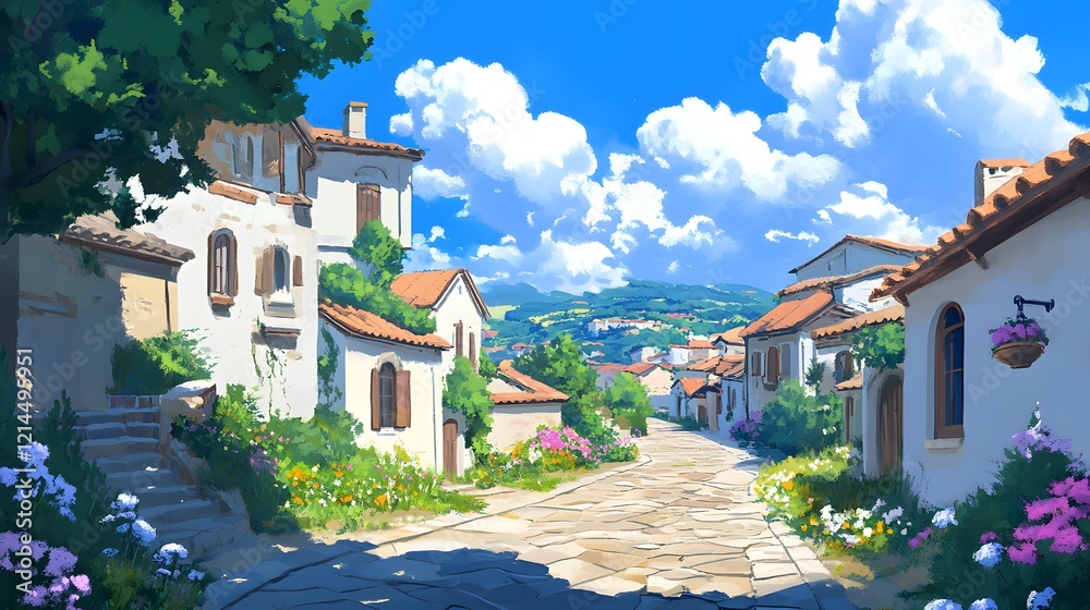 Fototapeta premium Sunny Mediterranean Village Street Cobblestone Road Houses Flowers
