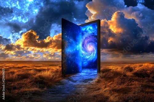 An open door in the middle of a field opening to reveal a galaxy symbolizing new discoveries. photo