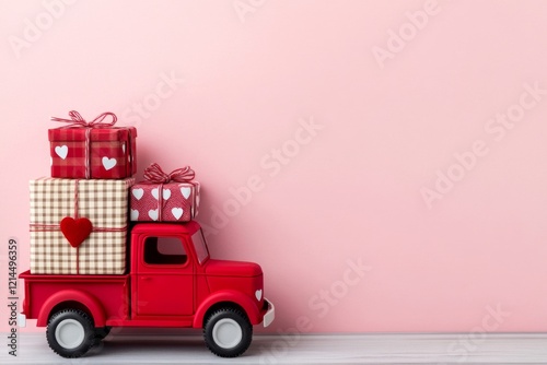 Vintage Red Truck with Heart-Adorned Gifts Against Pink Background for Valentine's Day or Romantic Celebrations