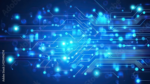 Abstract technology background featuring a glowing blue circuit board in sharp detail