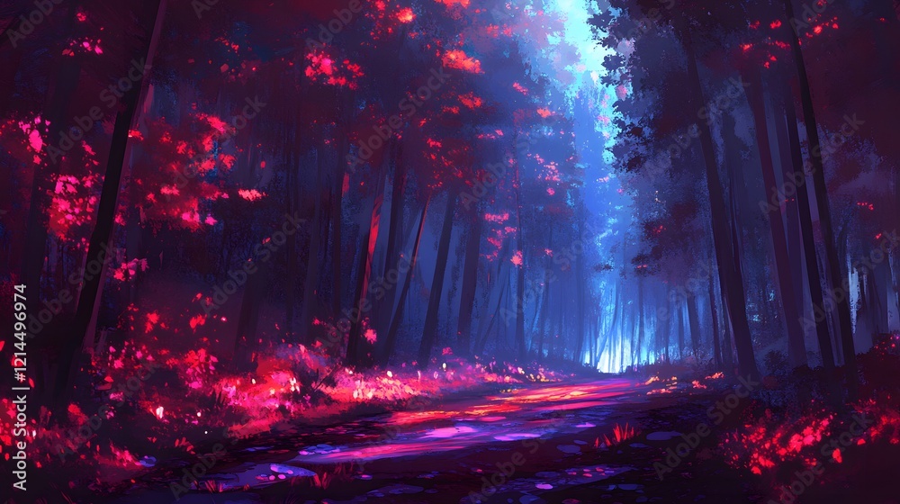Enchanting Neon Forest Path Digital Fantasy Art Enchanting Neon Forest Path Digital Fantasy Art