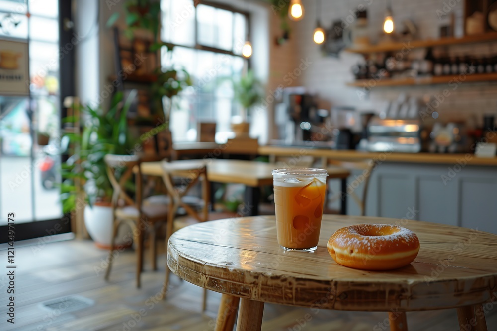A cozy cafe scene with a refreshing drink and a doughnut on a wooden table.