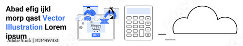 Man and woman browsing an e-commerce site, a calculator representing financial calculations, and a cloud symbolizing online storage. Ideal for digital marketing, e-commerce, finance, data analysis