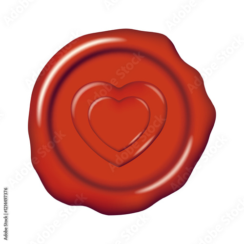 Wax seal stamp mockup. Red color heart sealing wax stamp decorative element. Elegant vintage sign clip art for invitation, cards, letters, calligraphy design. 3d vector illustration.