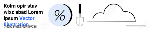 Percentage symbol in a light blue circle, a trowel, and a black outlined cloud. Ideal for finance, gardening, weather, data presentation, business, education, and DIY content. Landing page