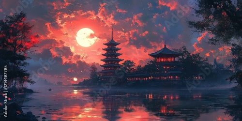 A Japanese pagoda under moonlight surrounded by vibrant clouds, perfect for cultural art, travel designs, and serene visuals.