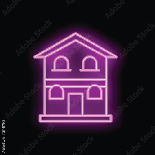 Bright violet neon sign in the shape of a house with a door, four windows, and a roof, glowing on a black background