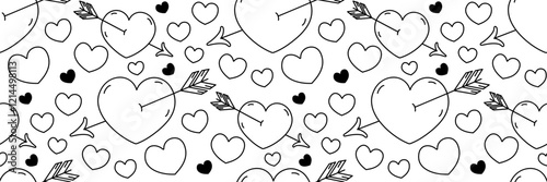 Valentine's Day doodle hearts pattern. An arrow in heart. Cute flying arrow symbol Cupid. Outline passionate love Background. Romantic concept. For textile, packaging. Vector line art illustration.