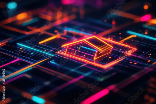 Smart home concept: Neon house on digital network. Futuristic technology and home automation.