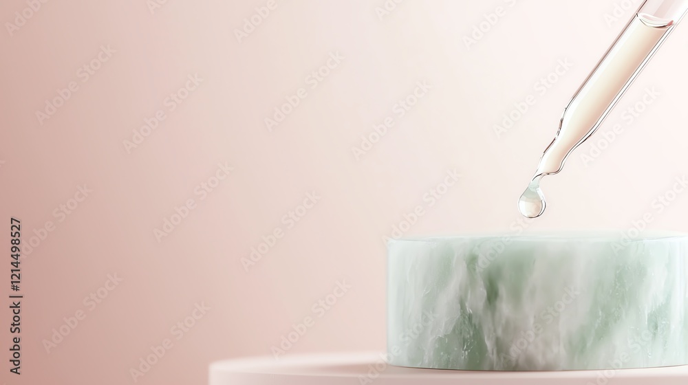 Fototapeta premium Minimalist skincare scene with a dropper releasing serum onto a green marble pedestal against a soft pink background.