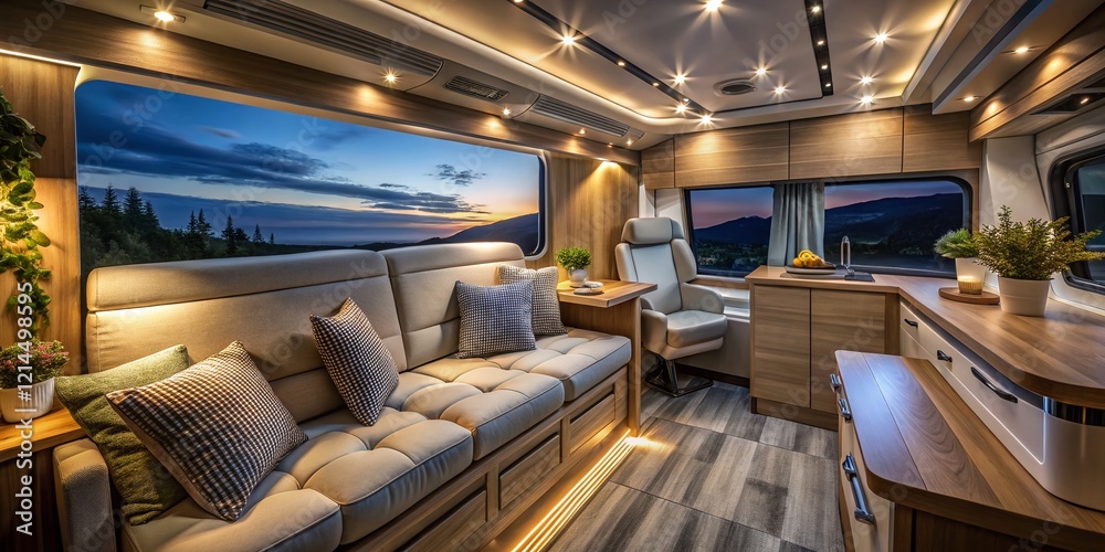 Fototapeta premium Modern Camper Van Interior Long Exposure Photography: Cozy & Minimalist Design