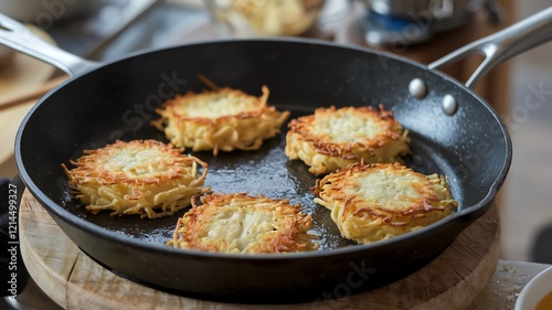 Crispy golden-brown latkes frying in a skillet, showcasing delicious potato pancakes. Perfect for enhancing your festive meal or family gathering with this delightful dish. photo