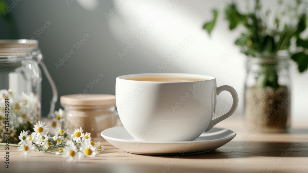 herbal tea setting, chamomile tea in a plain cup sits on a vintage table, with chamomile flowers and a jar of dried herbs, under sunny window herbal tea setting, chamomile tea in a plain cup sits on a vintage table, with chamomile flowers and a jar of dried herbs, under sunny window