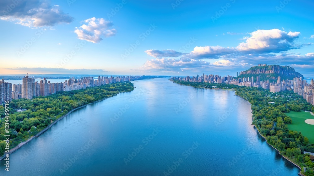 Aerial view of Manhattan skyline, river, and park at sunset.  Use Travel brochure