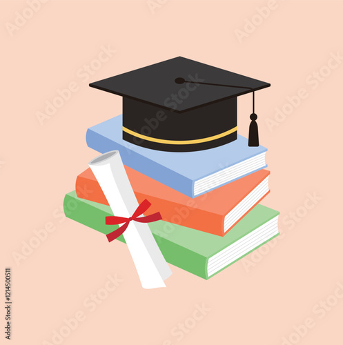 Illustration of a graduation cap, books, graduation certificate, and diploma worn at a graduation ceremony.