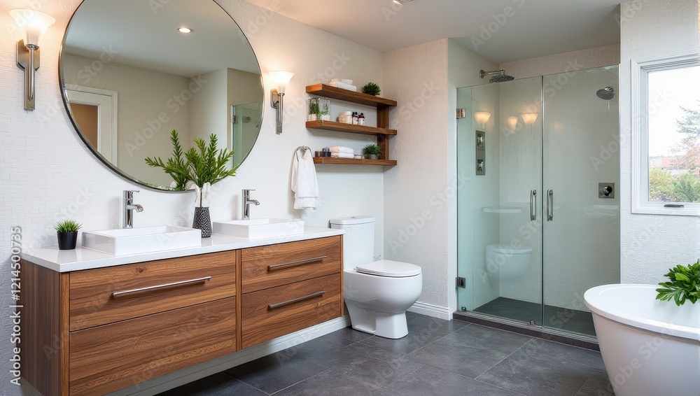 Eye-level view of a serene bathroom featuring dark gray tiled floors and a pristine white bathtub adorned with a vibrant green plant, framed by elegant glass doors