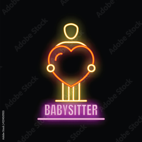 Neon sign of a babysitter holding a big heart, symbolizing love and care for children