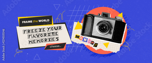 Retro grunge paper textured background with old retro halftone camera collage. Cutout magazine text, grunge hand drawn and doodle elements. Concept of freezing memories.