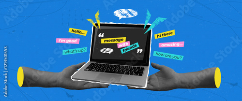 Retro Halftone Collage with hands holding laptop and dialogue messages. Grunge abstract elements on bright blue background. Concept of friendly communication via social media.