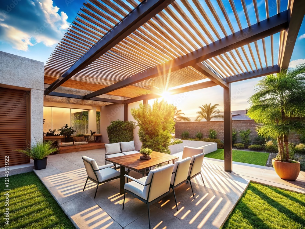 Fototapeta premium Modern Pergola Patio Shade Structure with Awning: Double Exposure Stock Photo