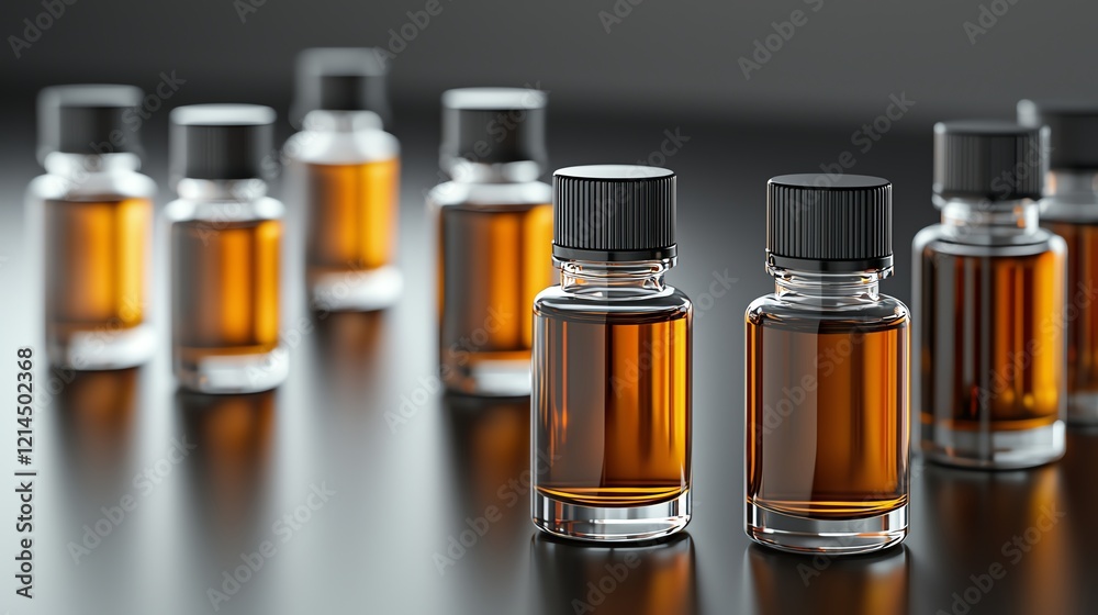 Row of small glass bottles filled with amber liquid on black surface, showcasing a sleek and elegant presentation of mysterious beverage. Row of small glass bottles filled with amber liquid on black surface, showcasing a sleek and elegant presentation of mysterious beverage.