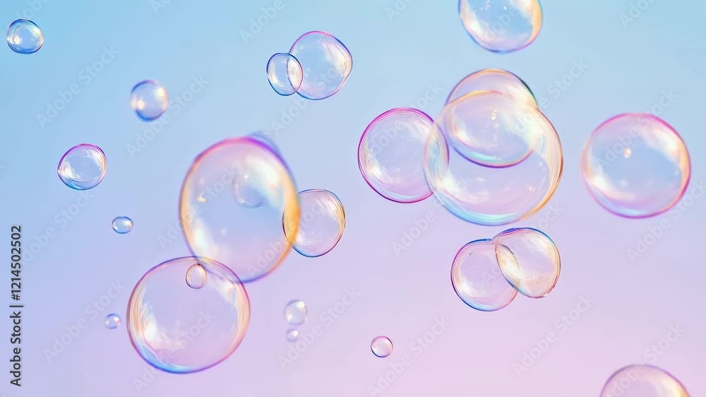 Multiple iridescent soap bubbles of varying sizes float against a soft, pastel colored background, creating a dreamy and ethereal atmosphere