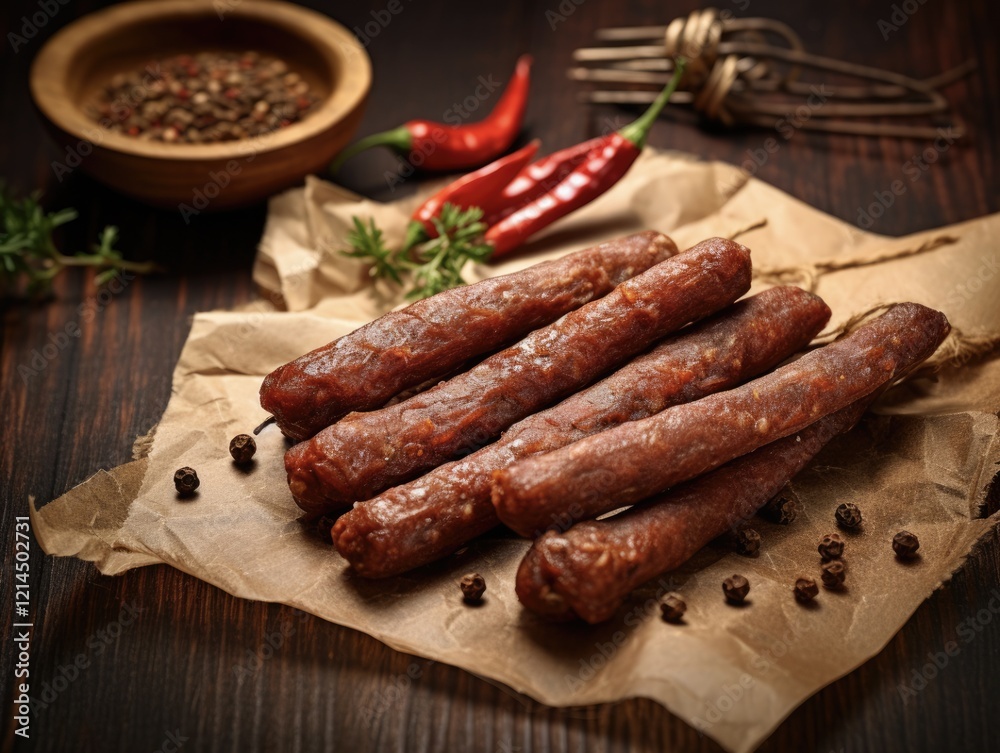 Delicious Beef Sticks on Paper Background - Selective Focus and Closeup Shot of Peppered Polish Sausages, Perfect Snack or Table Meal Delicious Beef Sticks on Paper Background - Selective Focus and Closeup Shot of Peppered Polish Sausages, Perfect Snack or Table Meal