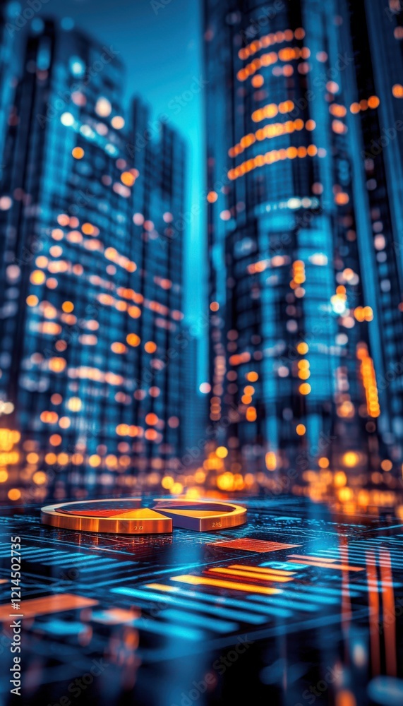 Fototapeta premium Night cityscape with glowing buildings and a pie chart. Data visualization in urban setting.